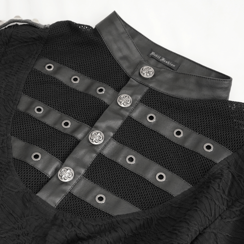 Rock Style Stand Collar Textured Black Top With Buttons and Rivets - HARD'N'HEAVY