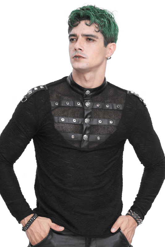 Rock Style Stand Collar Textured Black Top With Buttons and Rivets - HARD'N'HEAVY