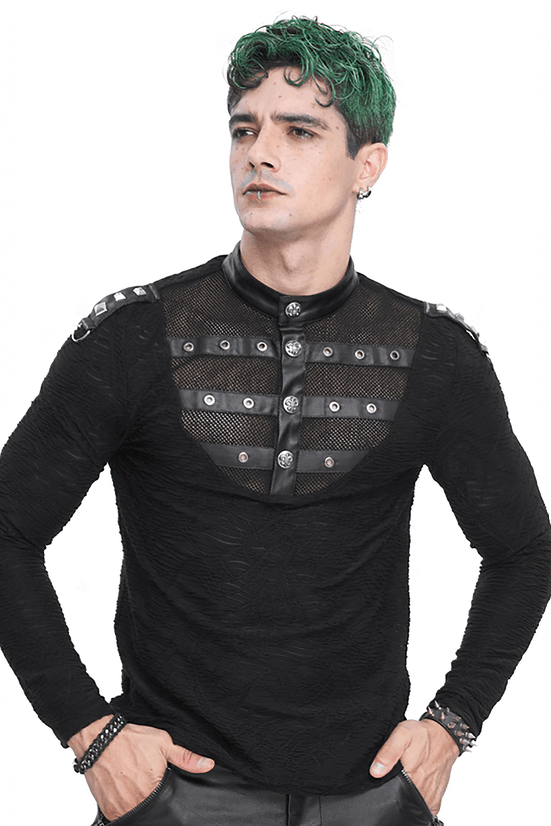 Rock style black textured top with stand collar, buttons, and rivets for men, perfect for embracing your inner rock star.