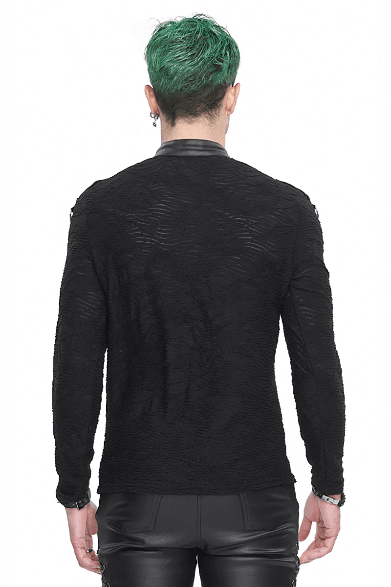 Back view of a textured black men's top with stand collar, showcasing rock style and edgy design.