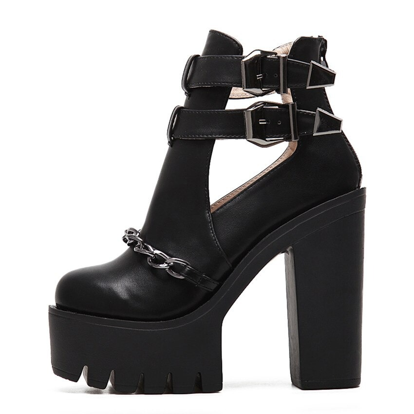 Rock style women high heel boots with chain, round toe, thick platform and buckle; perfect for concert outfits.