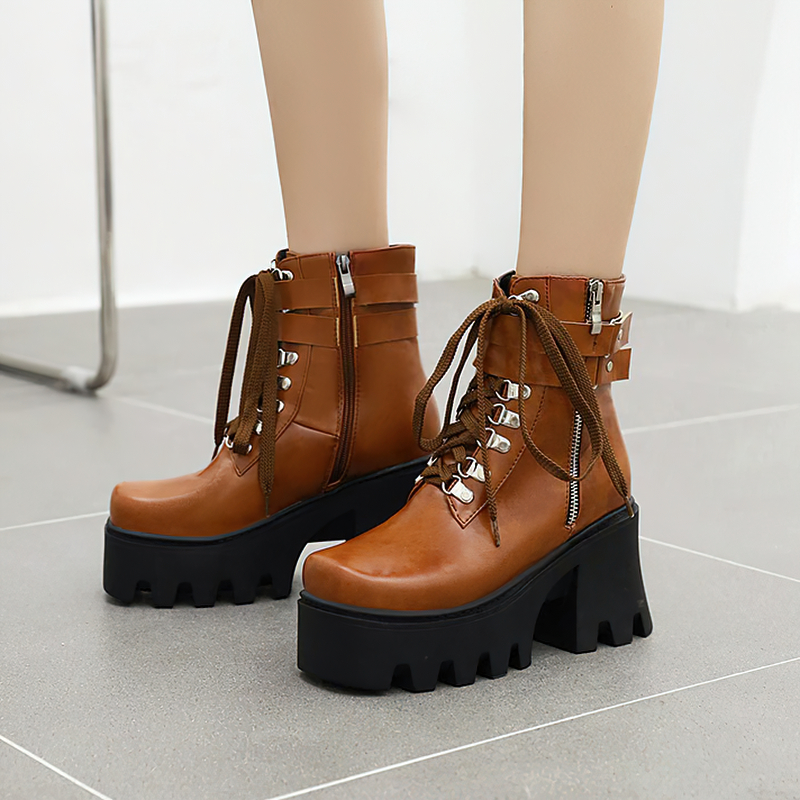 Rock Style Women Lacing Motorcycle Boots / Platform Boots on Heels - HARD'N'HEAVY