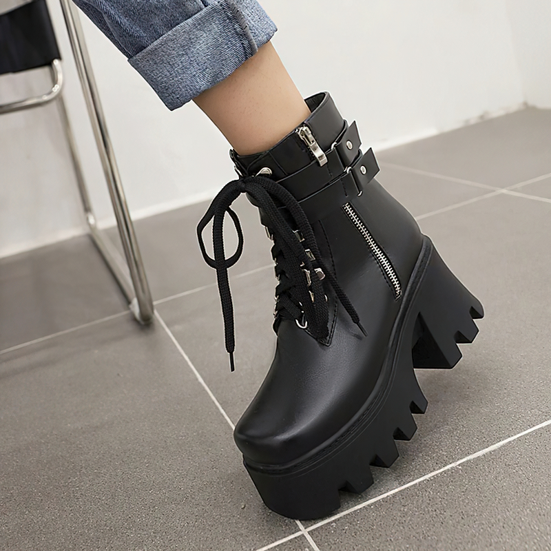Rock Style Women Lacing Motorcycle Boots / Platform Boots on Heels - HARD'N'HEAVY
