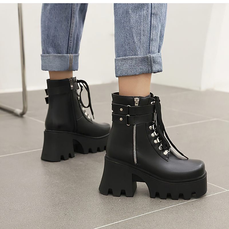 Rock Style Women Lacing Motorcycle Boots / Platform Boots on Heels - HARD'N'HEAVY