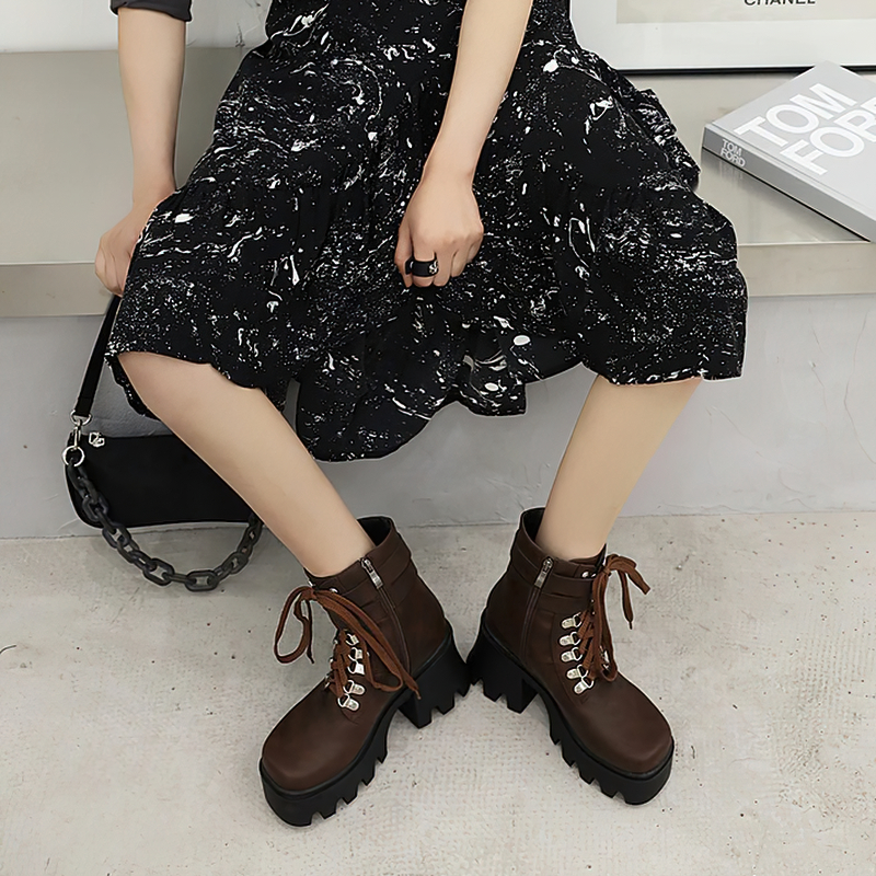Rock Style Women Lacing Motorcycle Boots / Platform Boots on Heels - HARD'N'HEAVY