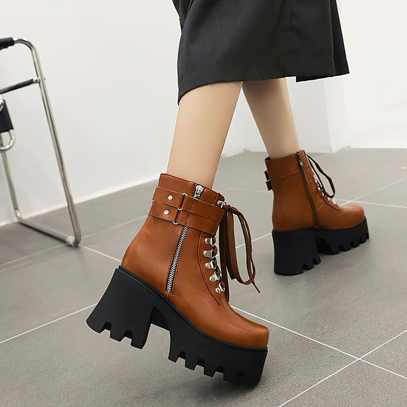 Rock Style Women Lacing Motorcycle Boots / Platform Boots on Heels - HARD'N'HEAVY