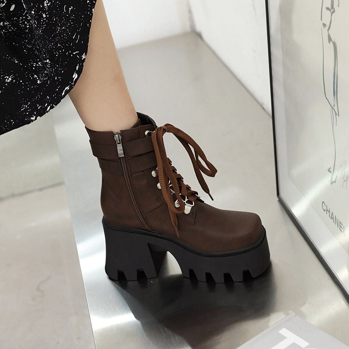 Rock Style Women Lacing Motorcycle Boots / Platform Boots on Heels - HARD'N'HEAVY