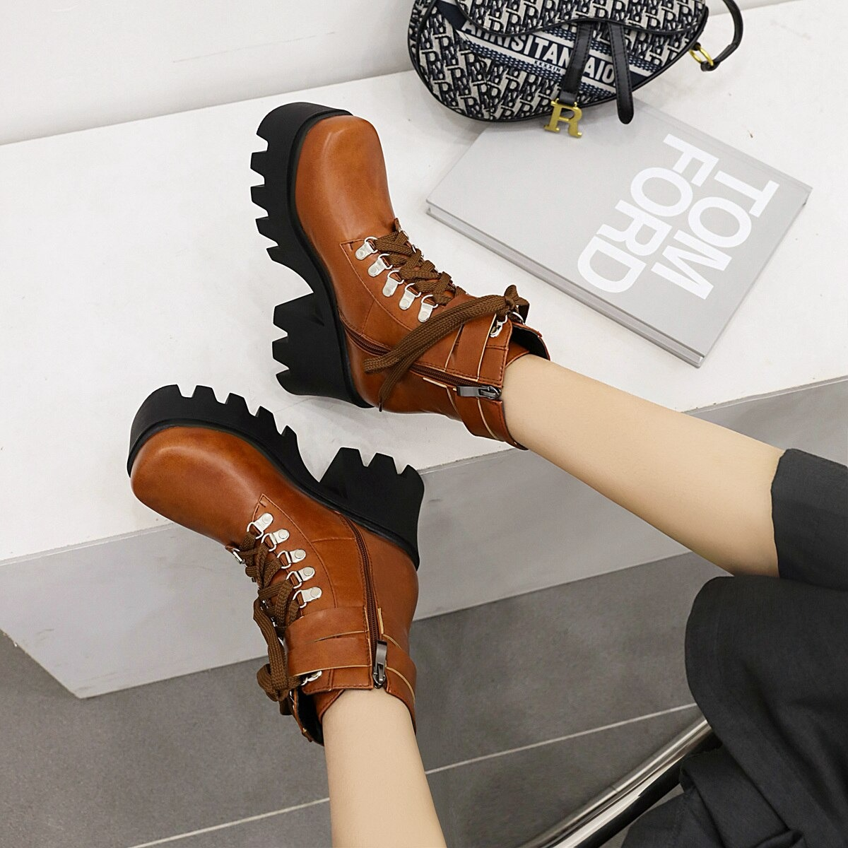 Rock Style Women Lacing Motorcycle Boots / Platform Boots on Heels - HARD'N'HEAVY