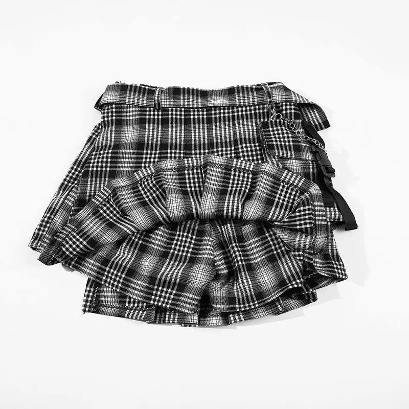 Rock Style Women's Skirt / Plaid Street Style Side Pockets Design Mini Pleated Skirt - HARD'N'HEAVY