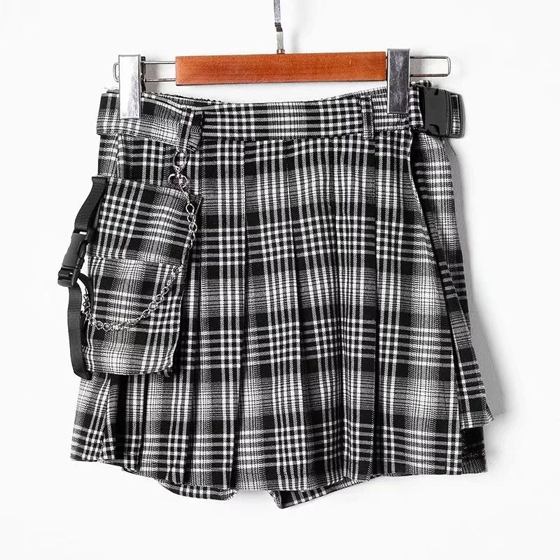 Rock Style Women's Skirt / Plaid Street Style Side Pockets Design Mini Pleated Skirt - HARD'N'HEAVY