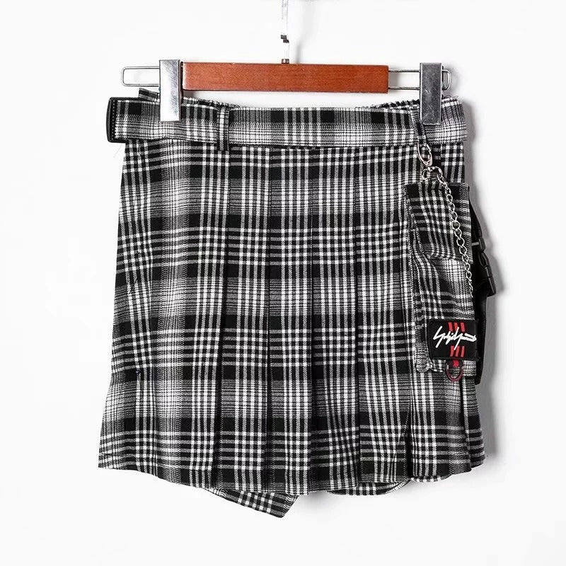 Rock Style Women's Skirt / Plaid Street Style Side Pockets Design Mini Pleated Skirt - HARD'N'HEAVY