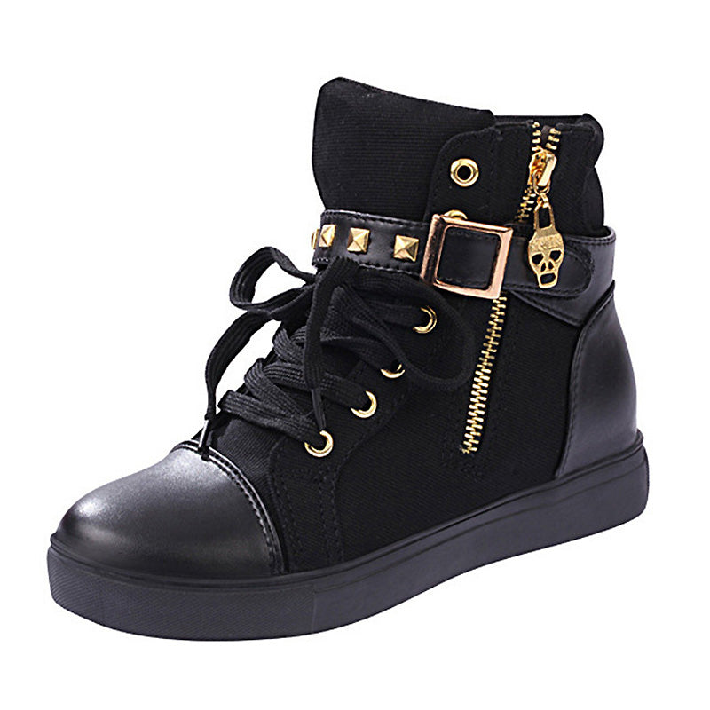 Rock'n'Roll Black and White Women's Sneakers with Rivets / Alternative Fashion Zipper Wedge Shoes - HARD'N'HEAVY