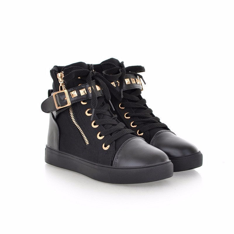 Rock'n'Roll Black and White Women's Sneakers with Rivets / Alternative Fashion Zipper Wedge Shoes - HARD'N'HEAVY