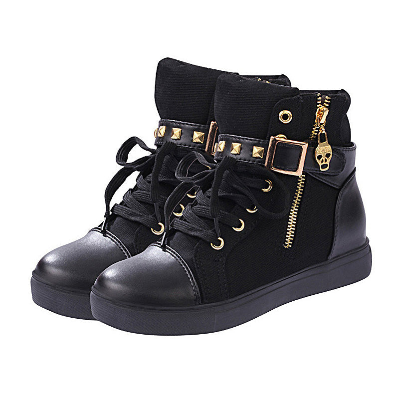 Rock'n'Roll Black and White Women's Sneakers with Rivets / Alternative Fashion Zipper Wedge Shoes - HARD'N'HEAVY