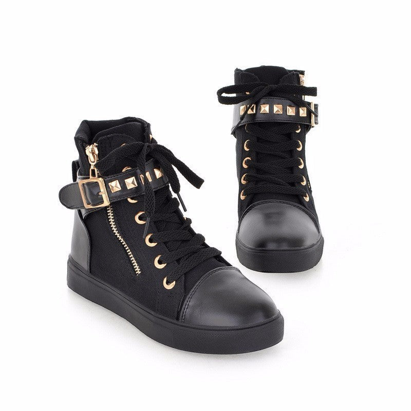 Rock'n'Roll Black and White Women's Sneakers with Rivets / Alternative Fashion Zipper Wedge Shoes - HARD'N'HEAVY