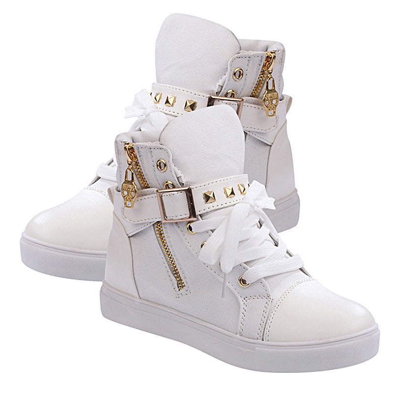 Rock'n'Roll Black and White Women's Sneakers with Rivets / Alternative Fashion Zipper Wedge Shoes - HARD'N'HEAVY