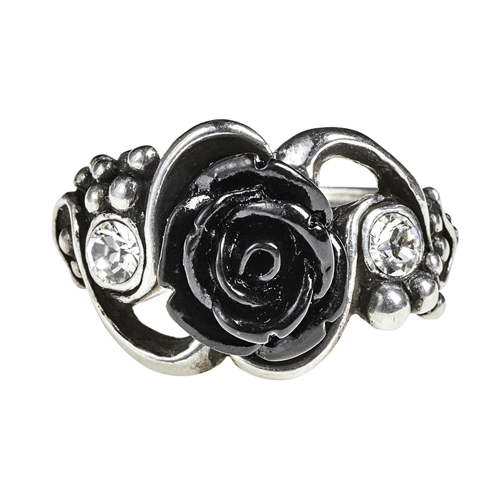 Romantic black rose and crystal gothic vine ring, adorned with Austrian crystals and intricate pewter vines.