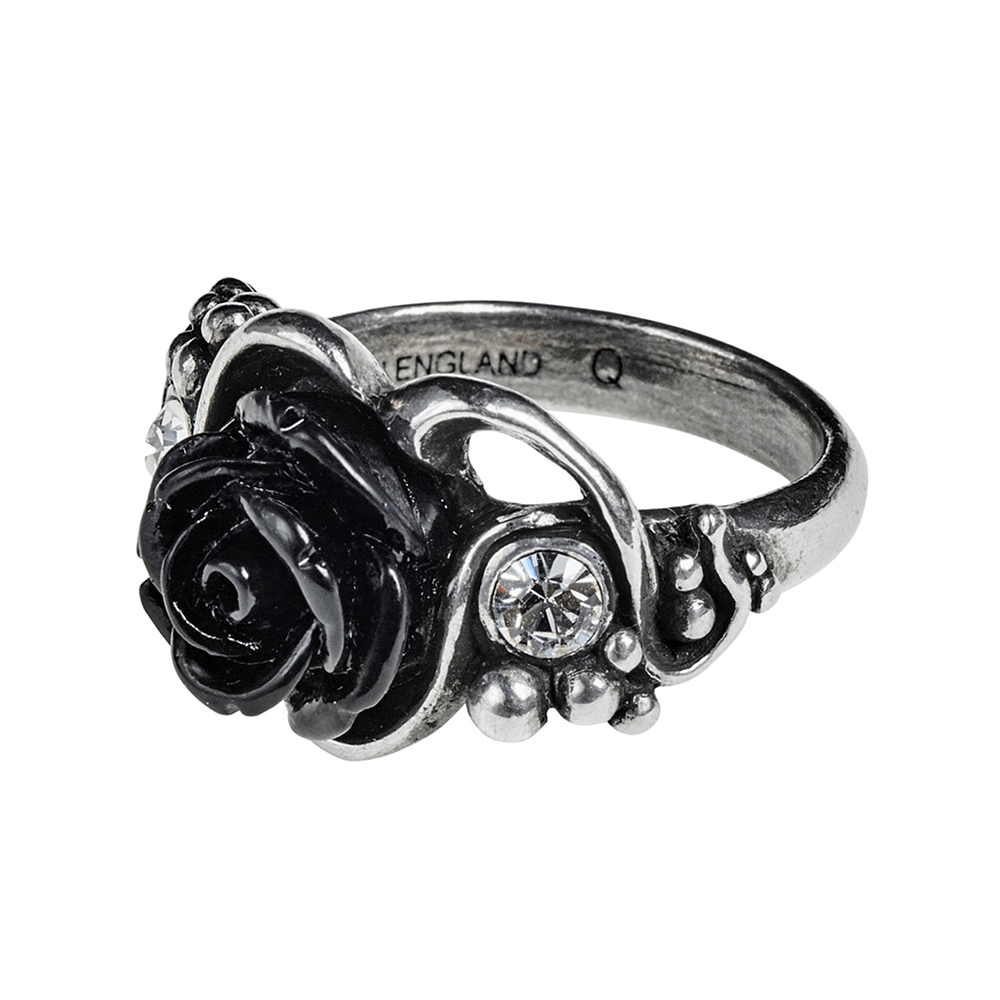 Gothic black rose ring with crystal accents, entwined vines, and polished pewter, perfect for dark romance lovers.