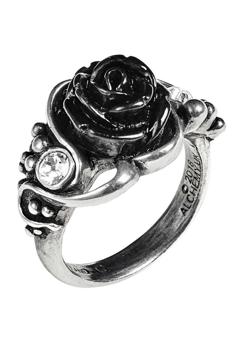 Gothic black rose ring with Austrian crystal, entwined vines, symbolizing dark romance and allure.