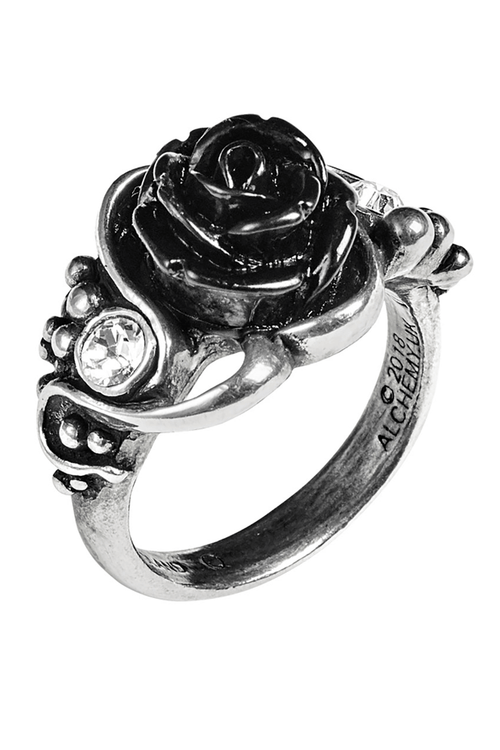 Romantischer Schwarzer Rosen- und Kristall-Gothic-Rankenring