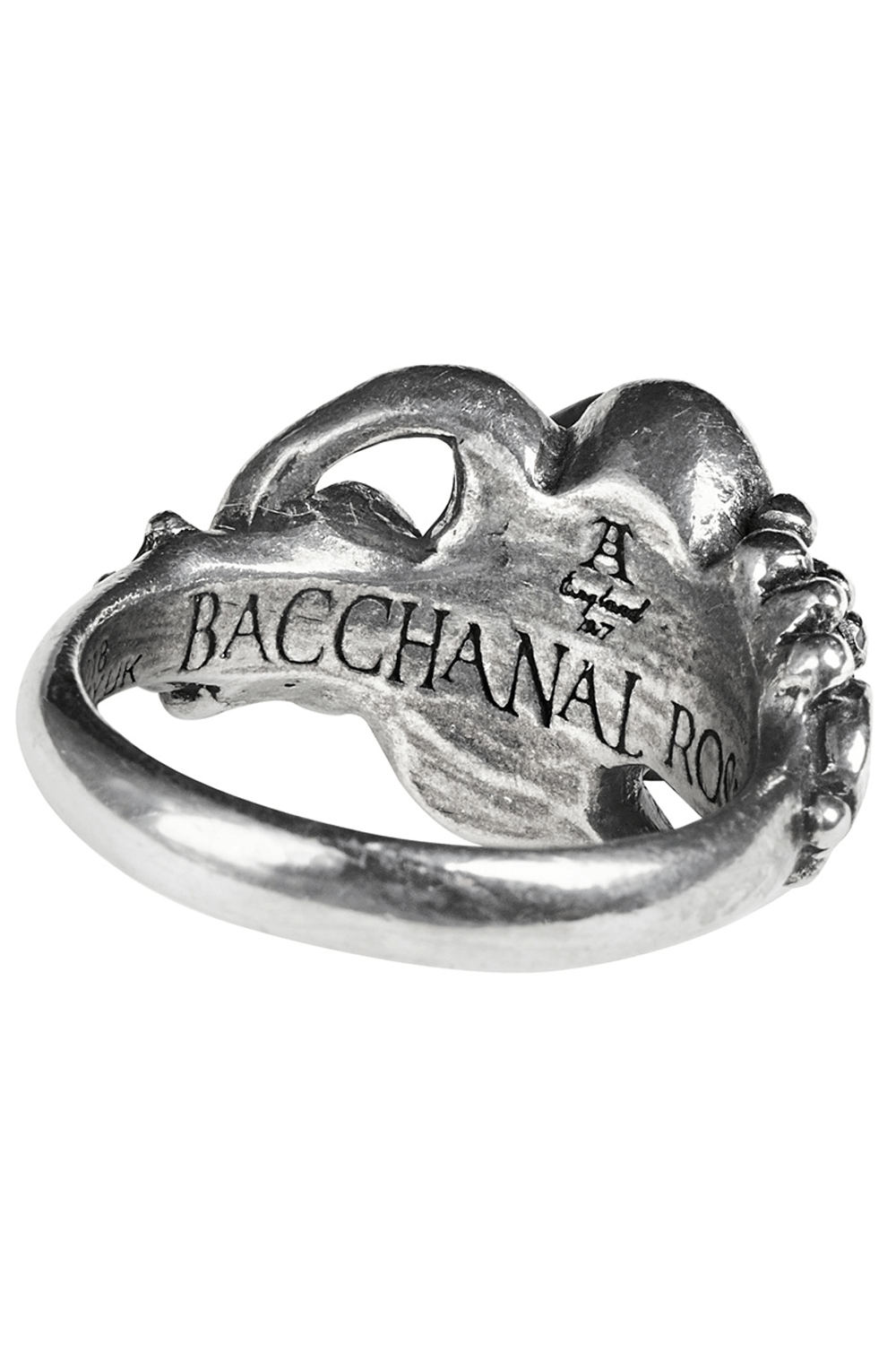 Detailed view of Bacchanal Rose Gothic ring showcasing elegant design and engravings, perfect for gothic fashion lovers.