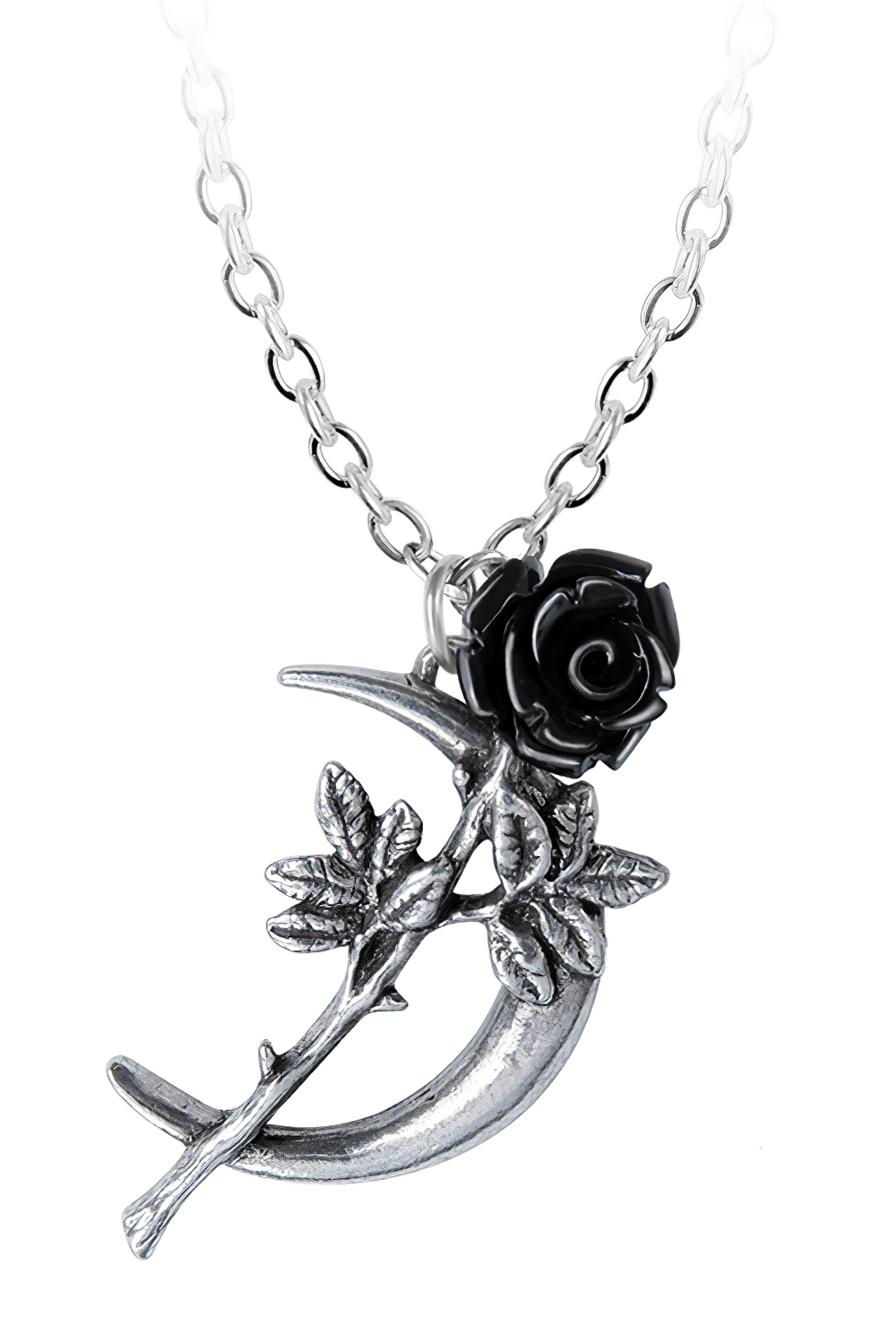 Romance Pendant featuring a black rose and crescent moon charm, perfect for a whimsical yet elegant touch.
