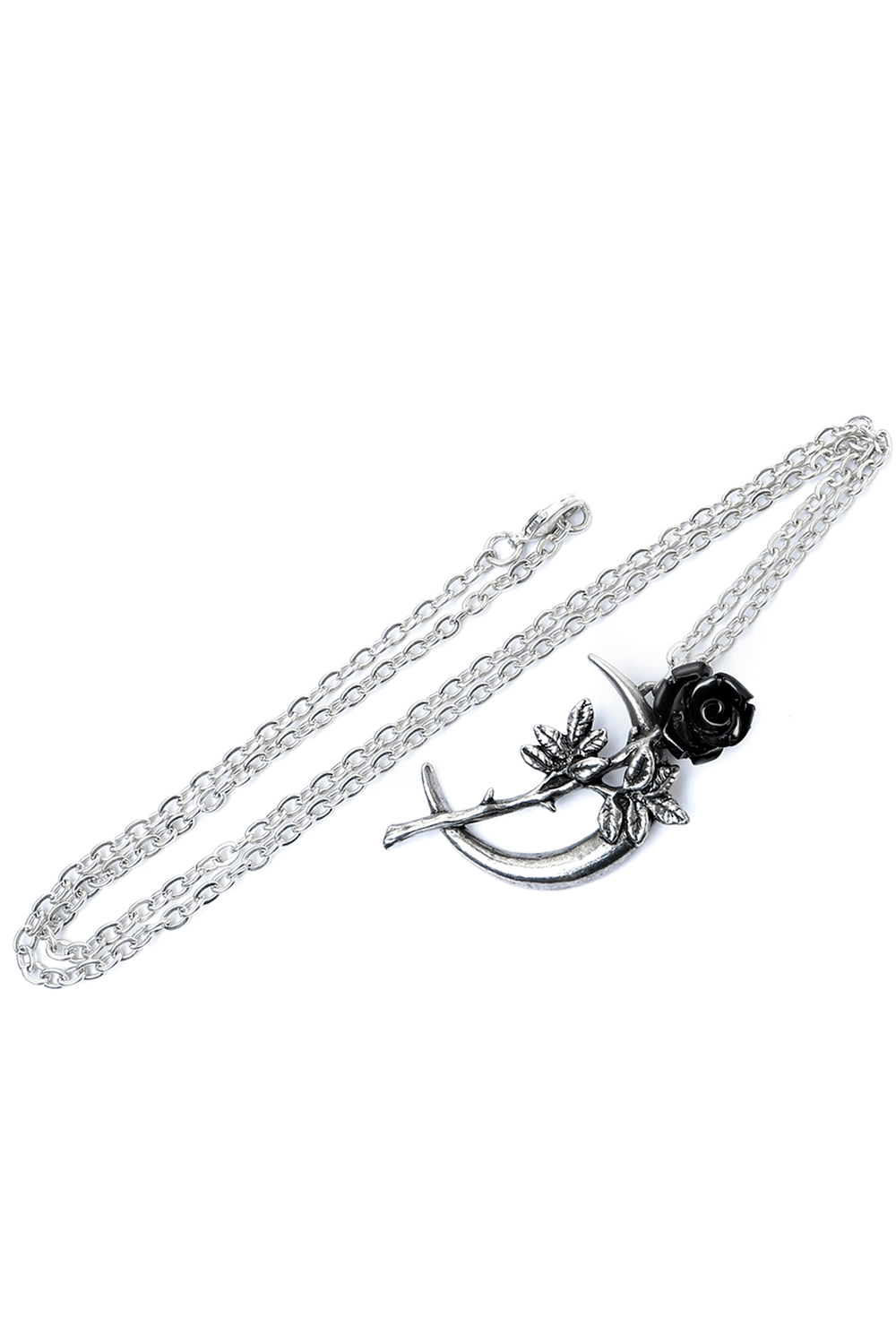 Romance pendant featuring a black rose and crescent moon design on a silver chain, perfect for lovers.