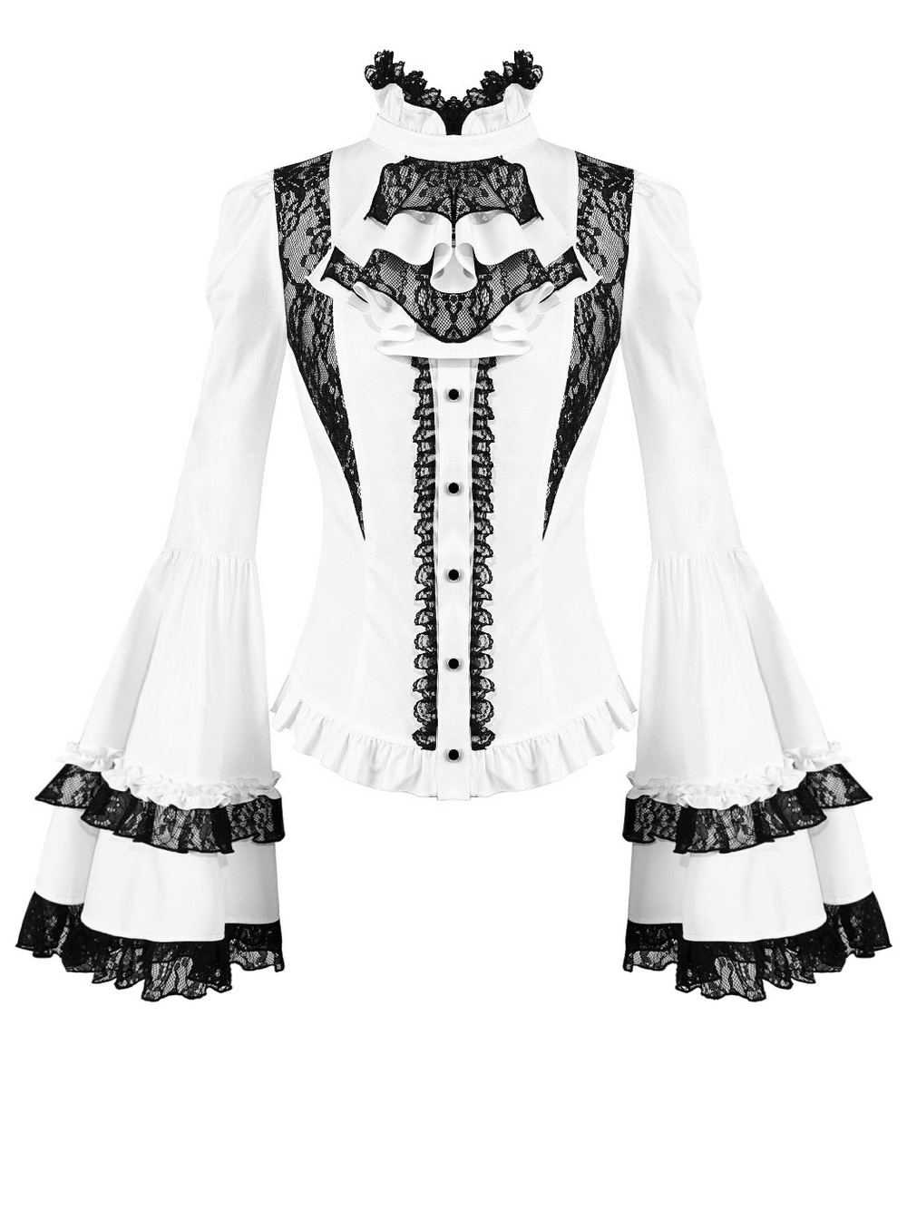 Romantic Corset Lace-Up Shirt with High Neck and Jabot Trim, white gothic lace blouse with ruffles