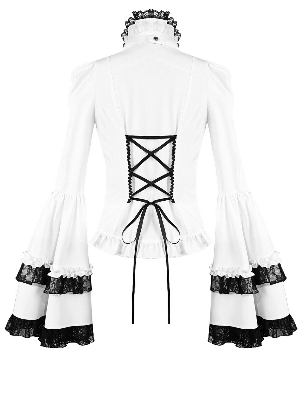 Romantic Corset Lace-Up Shirt with High Neck and Jabot Trim, white gothic lace blouse with puff sleeves