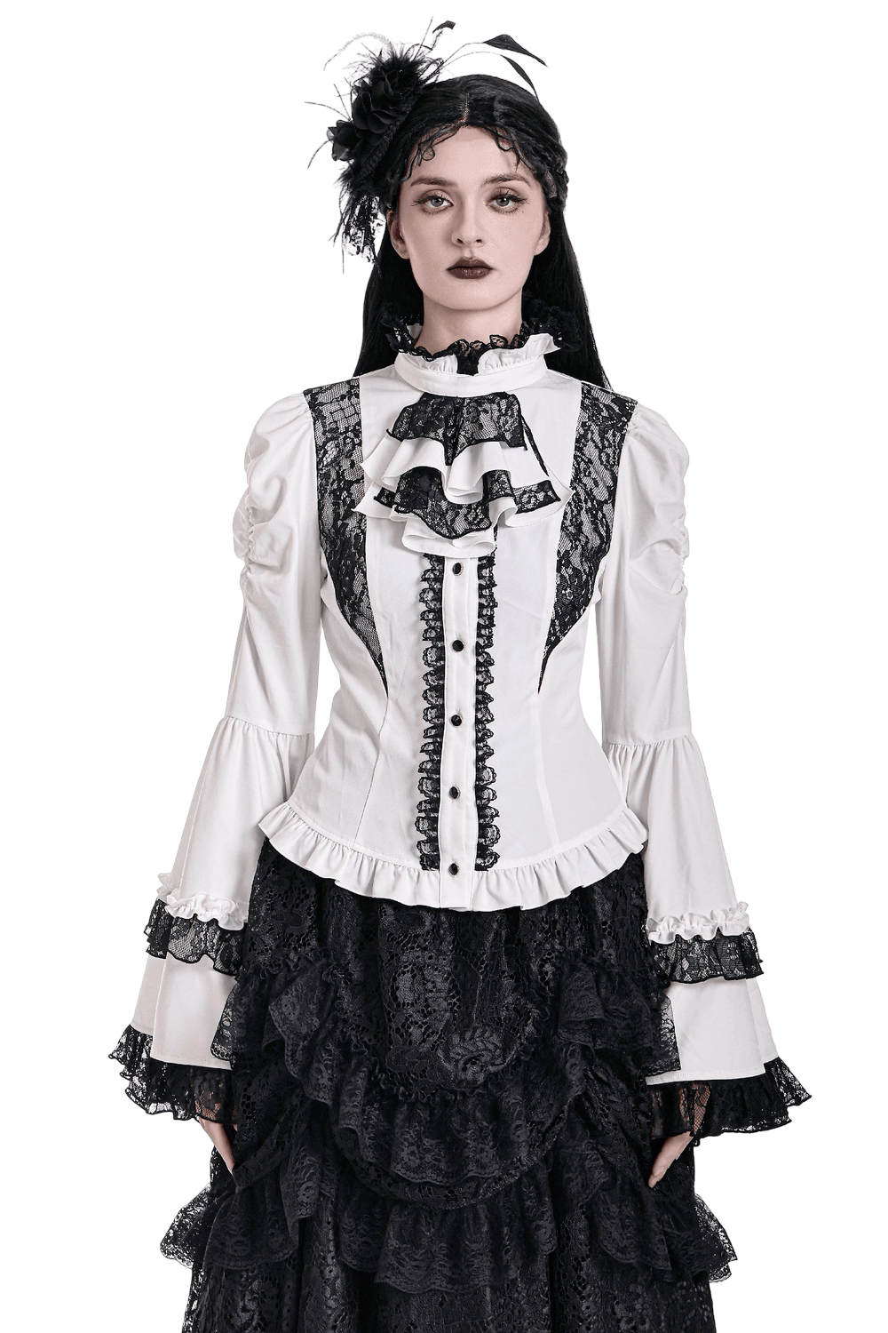 Romantic Corset Lace-Up Shirt with High Neck and Jabot Trim gothic Victorian blouse with lace trim and puff sleeves