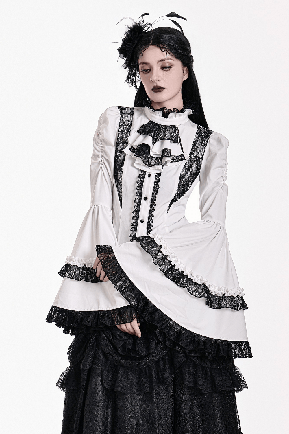Romantic Corset Lace-Up Shirt with High Neck and Jabot Trim, Victorian gothic lace blouse with puff sleeves