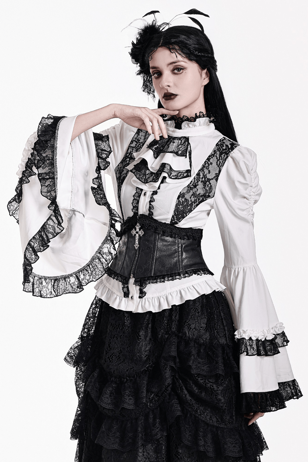 Romantic Corset Lace-Up Shirt with High Neck and Jabot Trim, Victorian gothic blouse with lace ruffles
