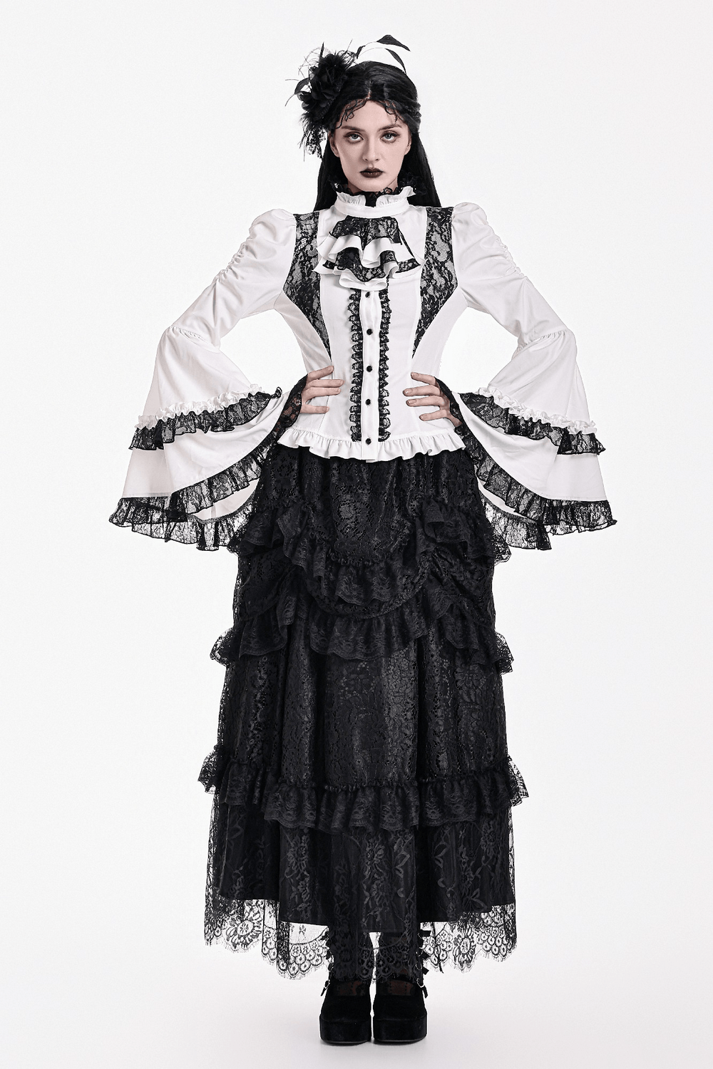 Romantic Corset Lace-Up Shirt with High Neck and Jabot Trim gothic Victorian blouse with lace ruffles and puff sleeves