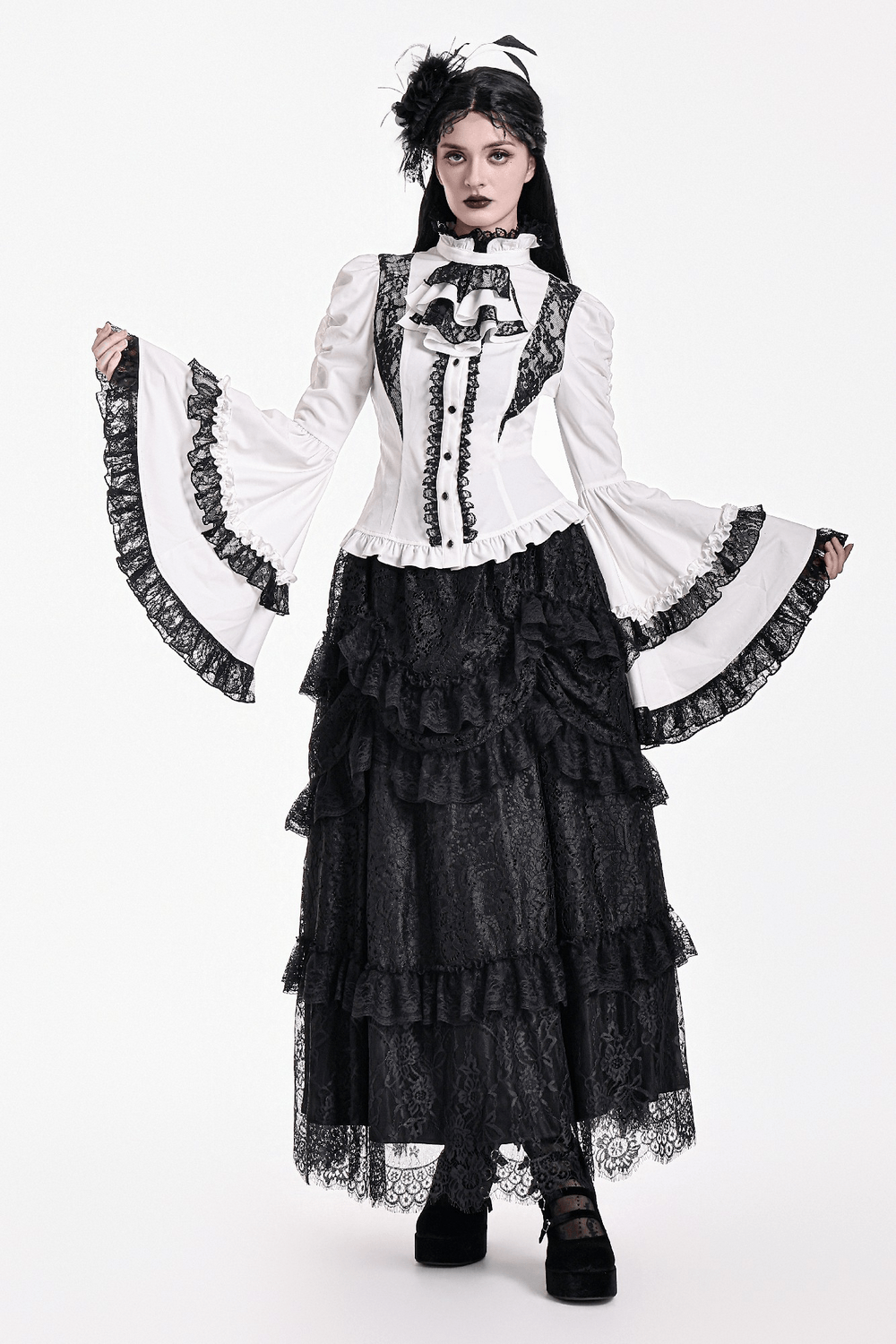 Romantic Corset Lace-Up Shirt with High Neck and Jabot Trim, gothic Victorian blouse with lace ruffle sleeves