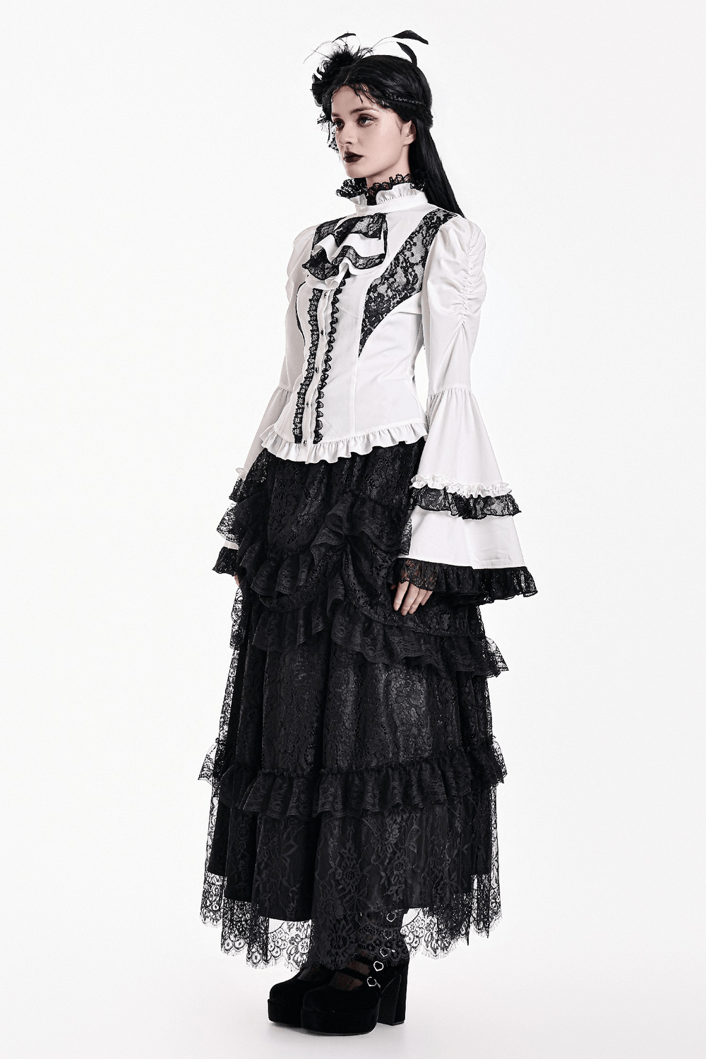 Romantic Corset Lace-Up Shirt with High Neck and Jabot Trim, gothic Victorian white lace blouse with ruffles