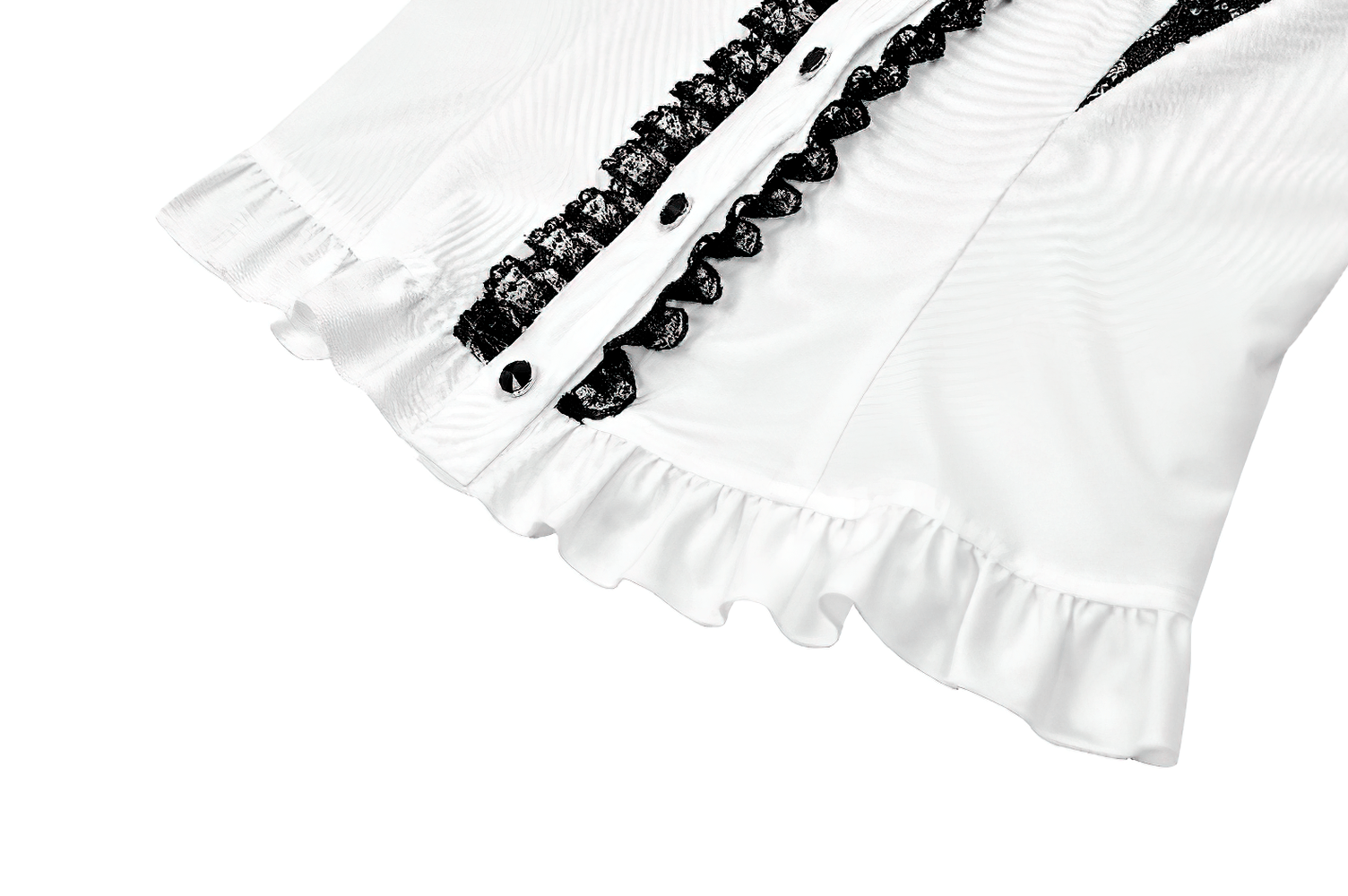 Romantic Corset Lace-Up Shirt with High Neck and Jabot Trim, gothic white blouse with lace trim and ruffle hem