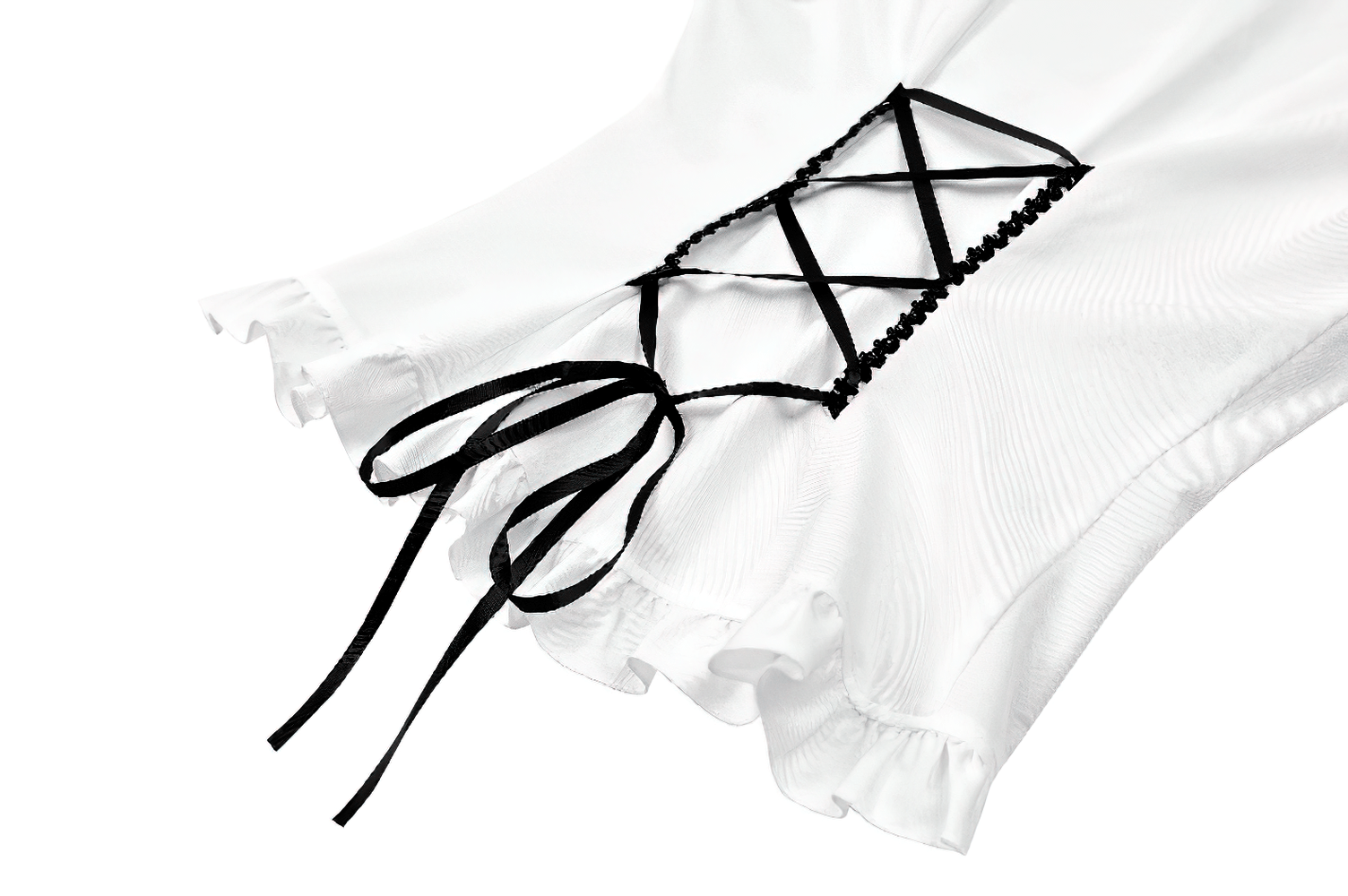Romantic Corset Lace-Up Shirt with High Neck and Jabot Trim white Gothic blouse with black lace-up details and ruffle hem