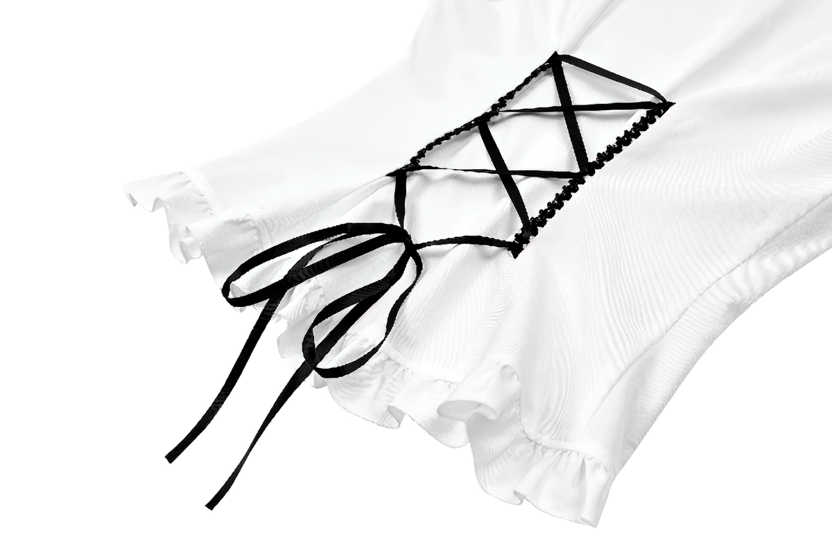 Romantic Corset Lace-Up Shirt with High Neck and Jabot Trim white Gothic blouse with black lace-up details and ruffle hem