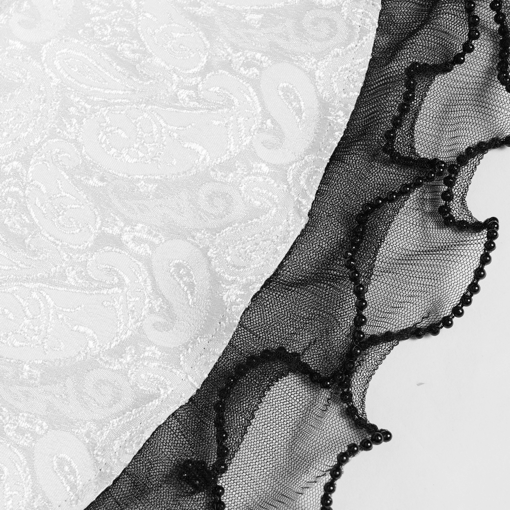 Romantic Gothic Blouse with Flared Lace Sleeves white jacquard blouse with black lace ruffles and theatrical mesh cuffs