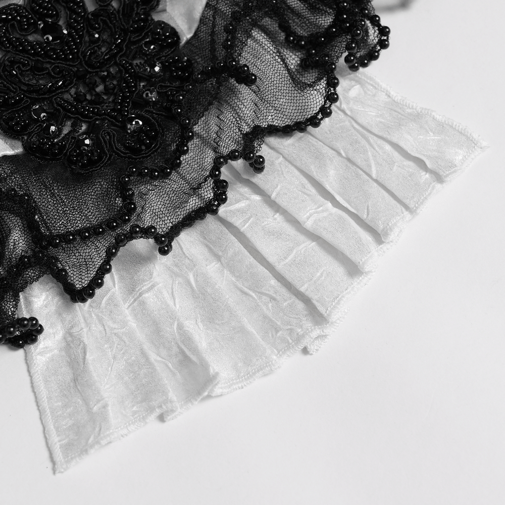 Romantic Gothic Blouse with Flared Lace Sleeves, Victorian white blouse with black lace ruffles and mesh cuffs