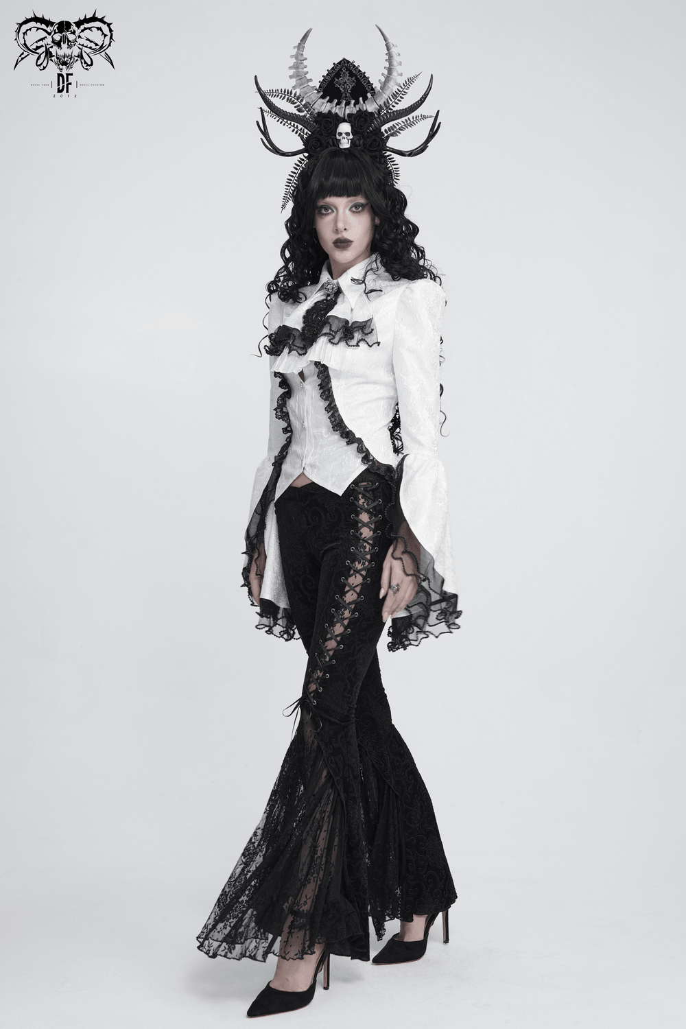 Romantic Gothic Blouse with Flared Lace Sleeves, Victorian white goth blouse with black lace ruffles and pointed hem