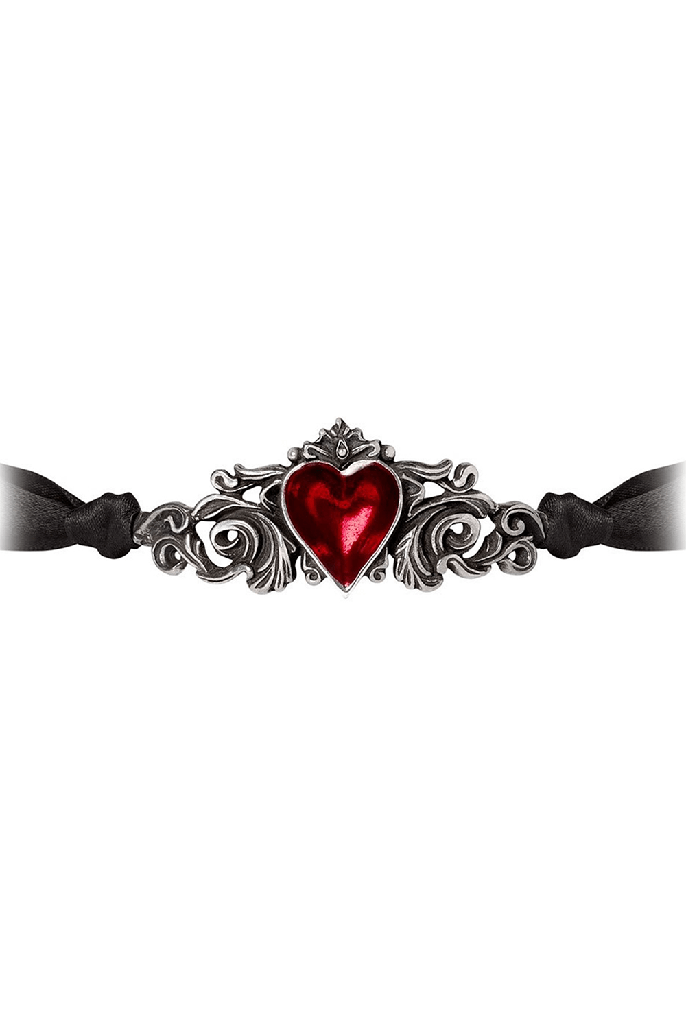 Romantic gothic choker with blood red heart pendant and ornate pewter detailing, tied with a black ribbon.