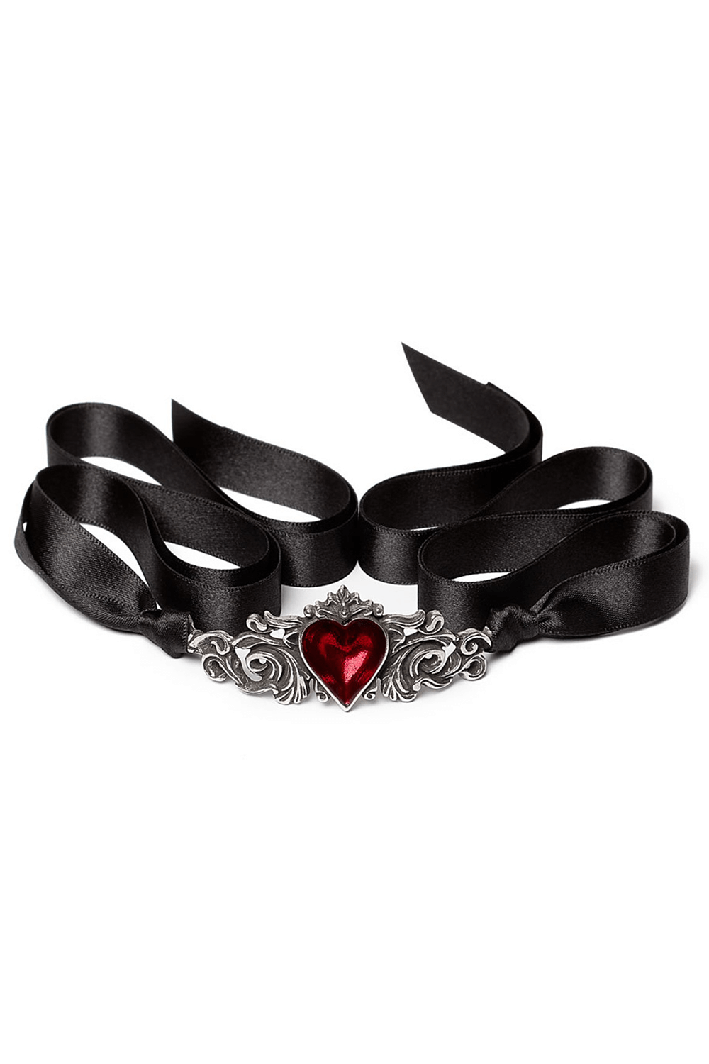 Romantic Gothic choker with blood red heart pendant and black satin ribbon, perfect for adding dramatic flair.