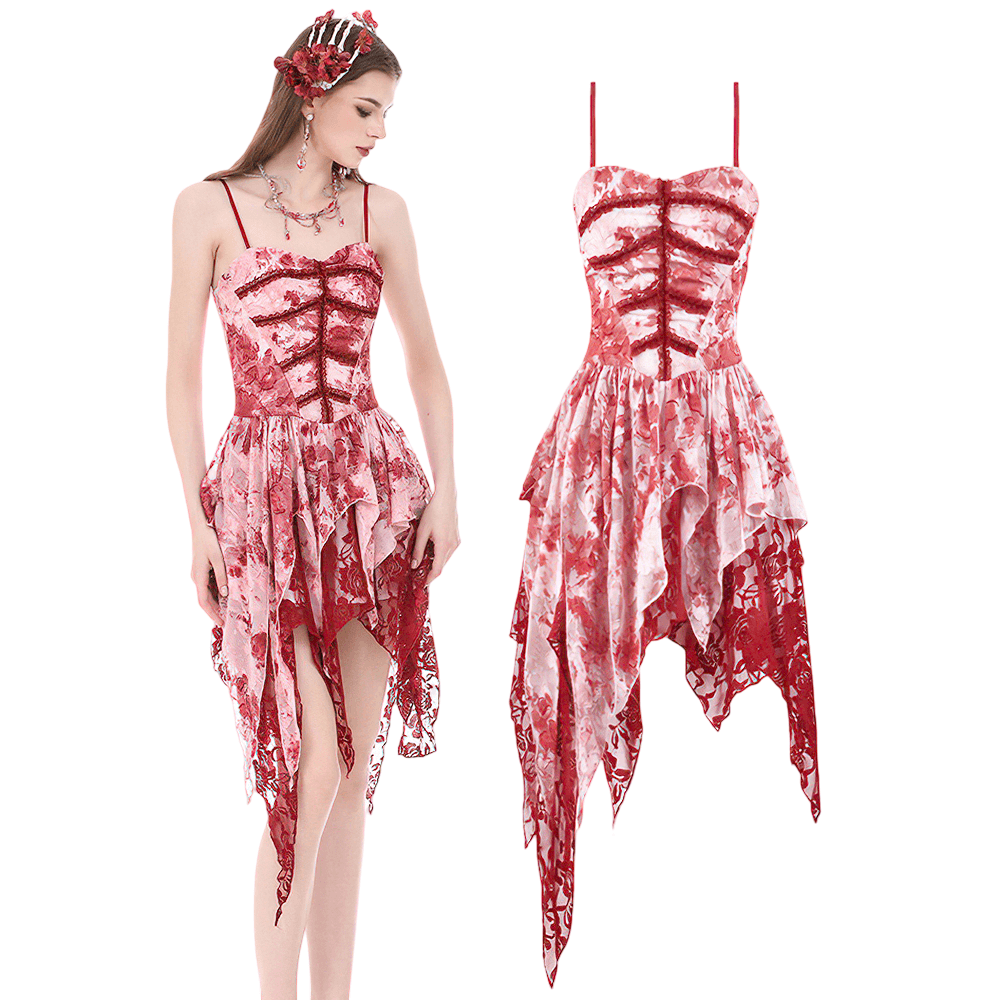 Romantic Gothic Lace Dress with Asymmetric Handkerchief Hem