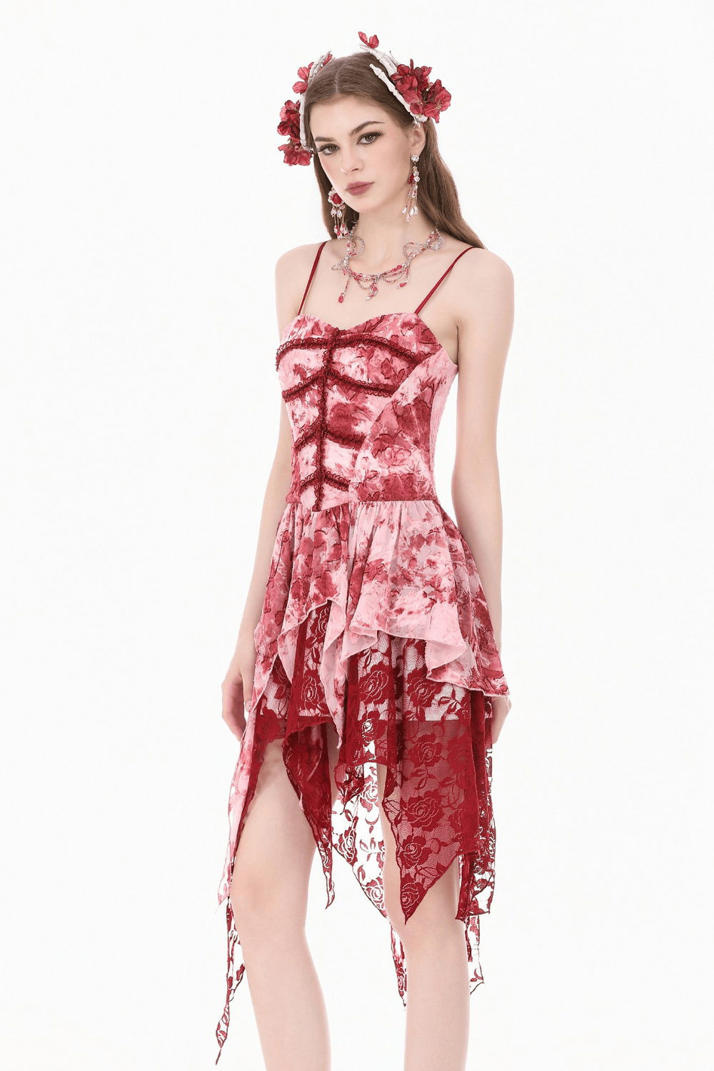 Romantic Gothic Lace Dress with Asymmetric Handkerchief Hem