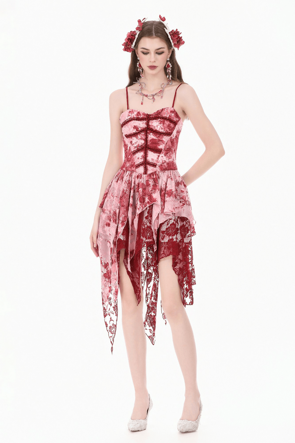 Romantic Gothic Lace Dress with Asymmetric Handkerchief Hem