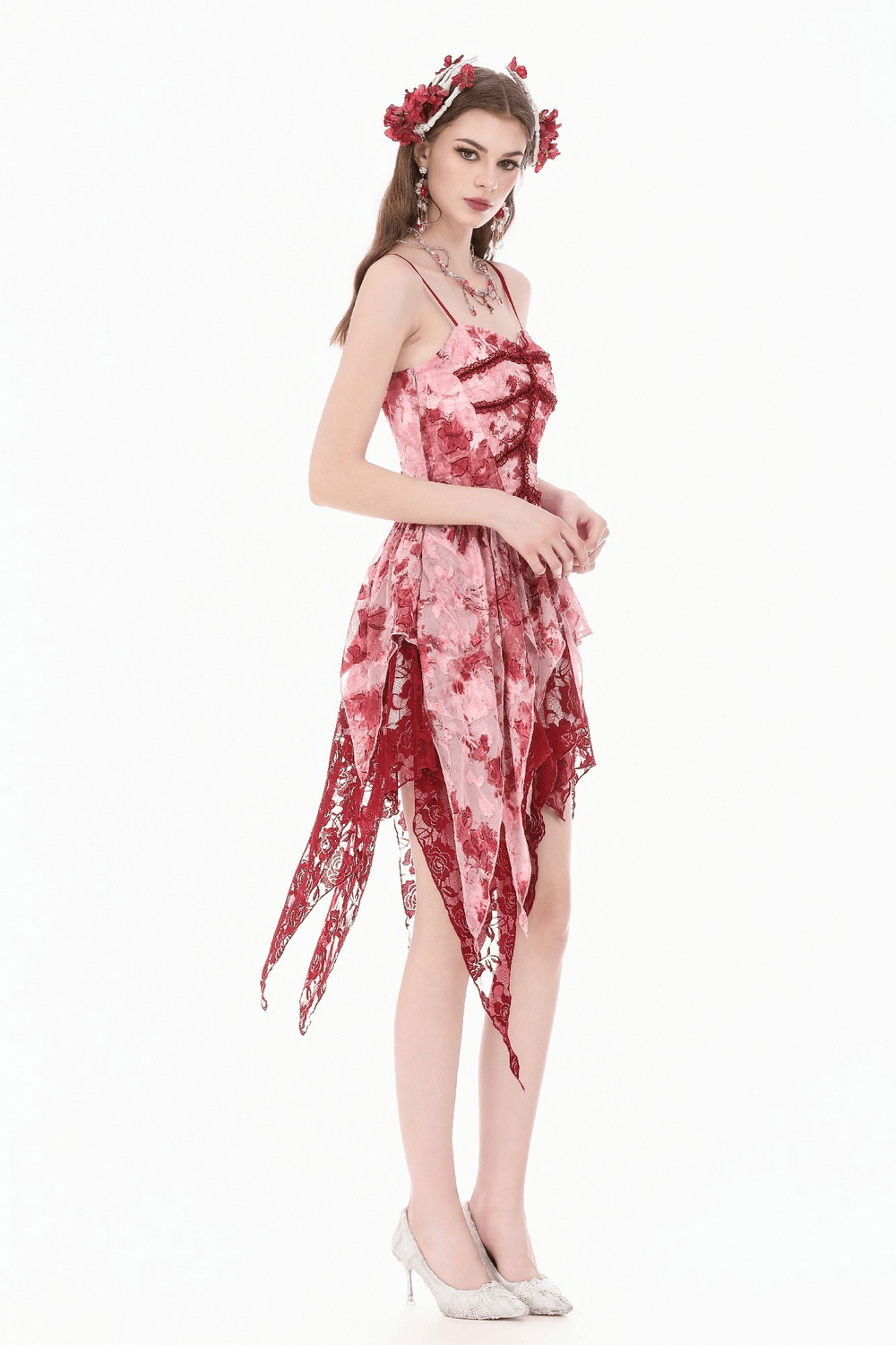 Romantic Gothic Lace Dress with Asymmetric Handkerchief Hem