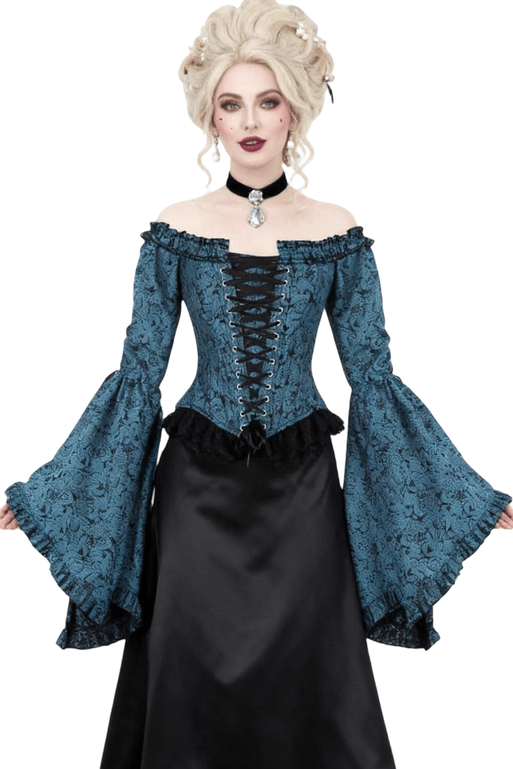 Romantic Gothic Off Shoulder Corset with Bell Sleeves featuring elegant turquoise fabric and flowing bell sleeves.
