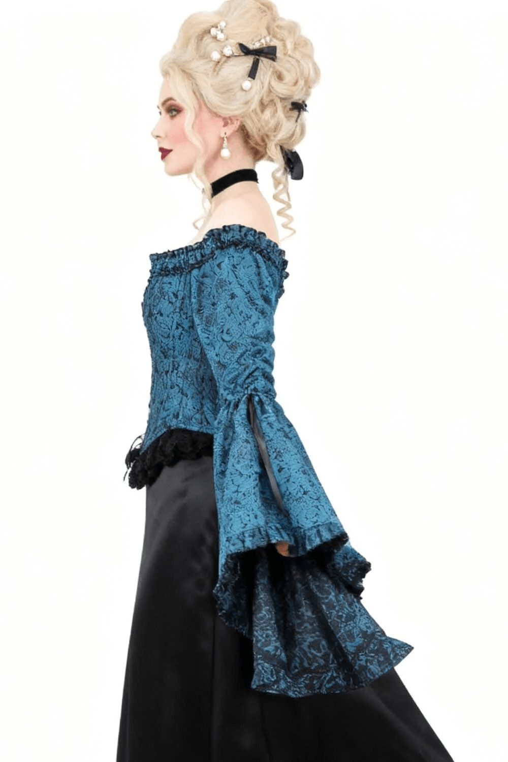 Romantic Gothic Off Shoulder Corset with Bell Sleeves showcased on a model in a dramatic profile view.