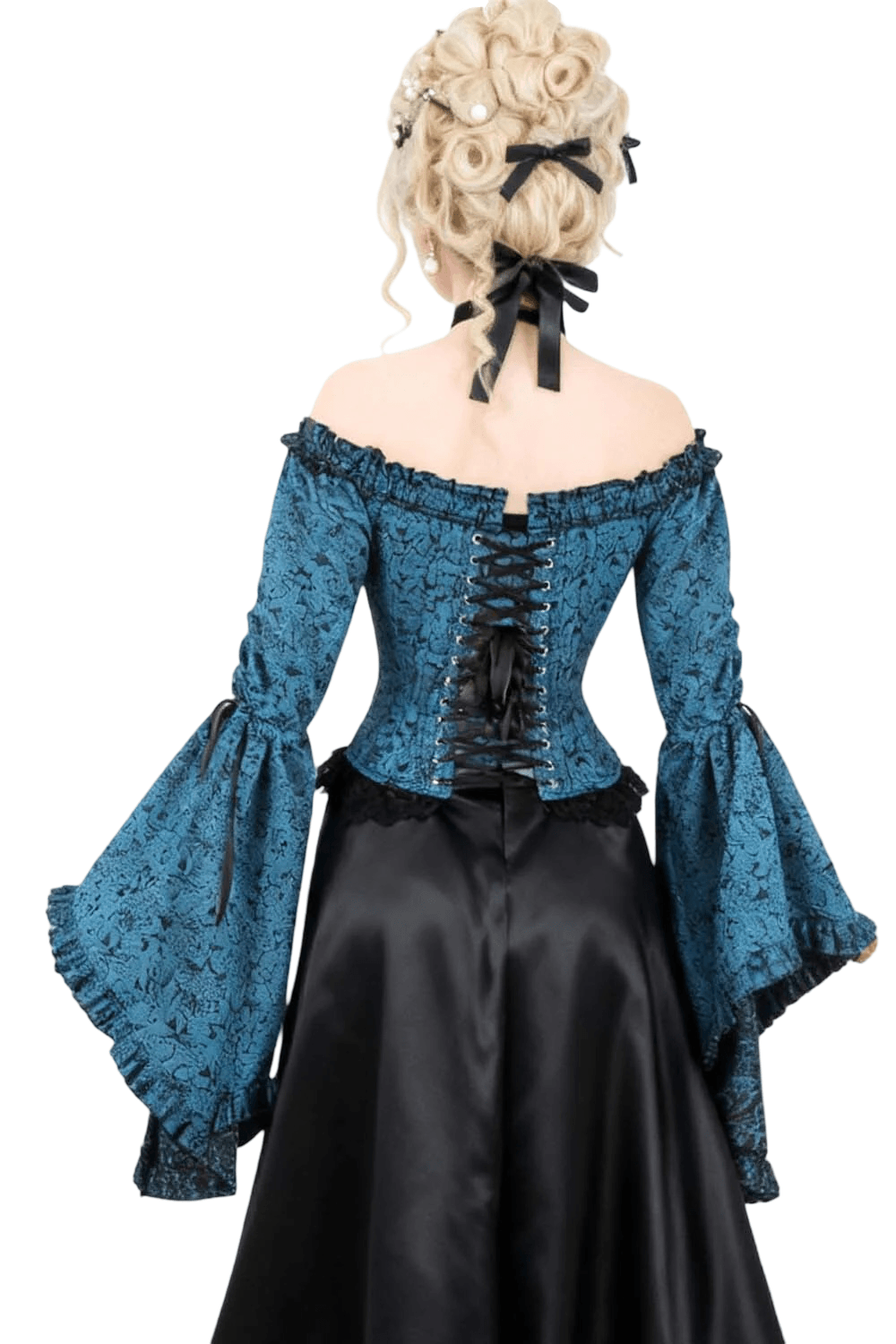 Romantic Gothic Off Shoulder Corset with Bell Sleeves showcasing elegant midnight turquoise fabric and flowing bell sleeves.